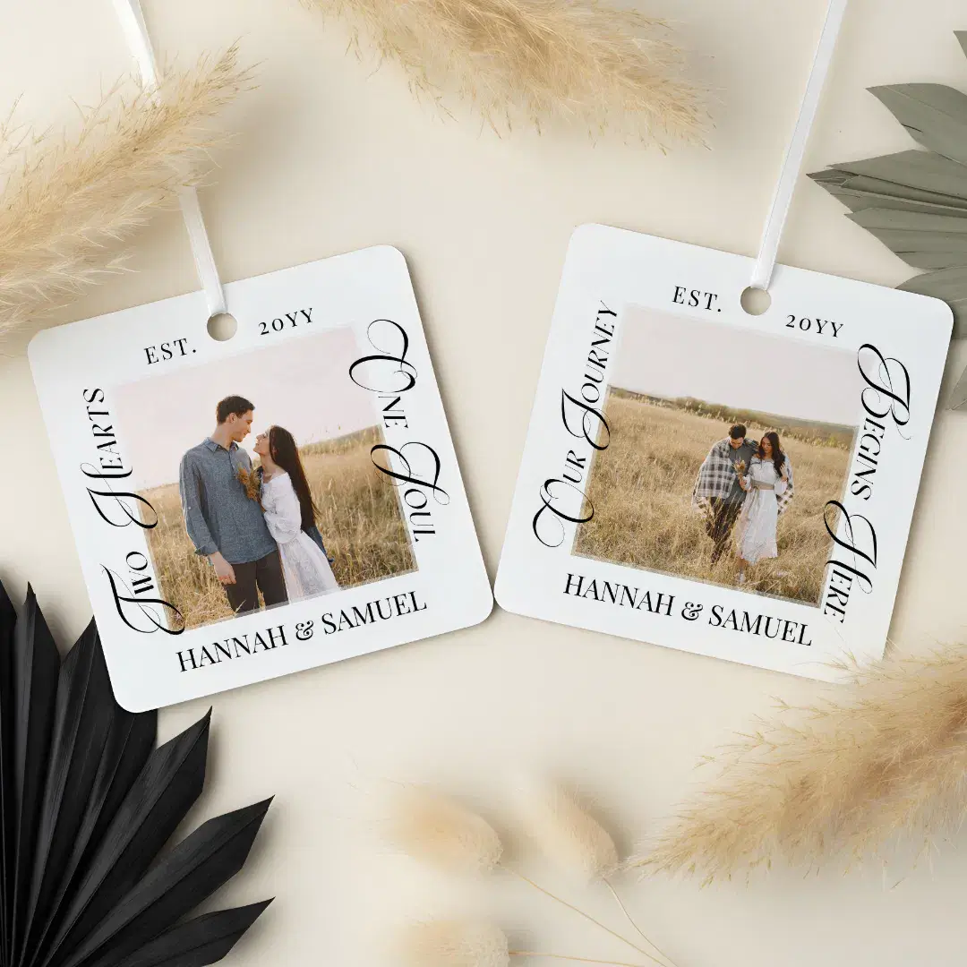 Engaged Couples Photo Two Hearts One Soul Keepsake Metal Ornament