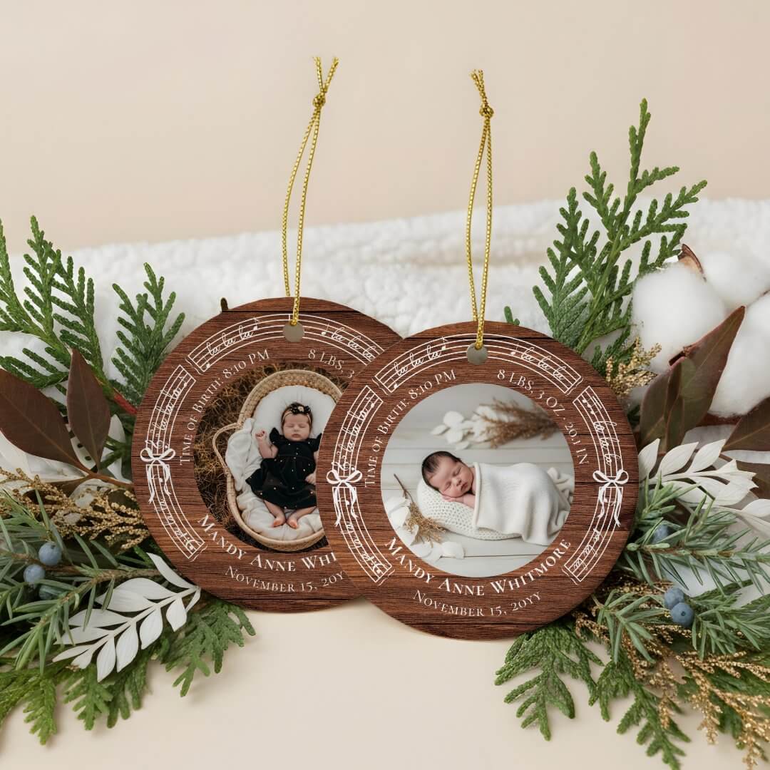 Fa La Sheet Music Birth Stats Baby Photo Woodgrain Ceramic Ornament