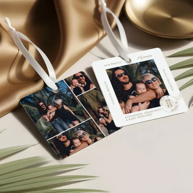 Family Vacation Travel Memories Photo Collage White Metal Ornament