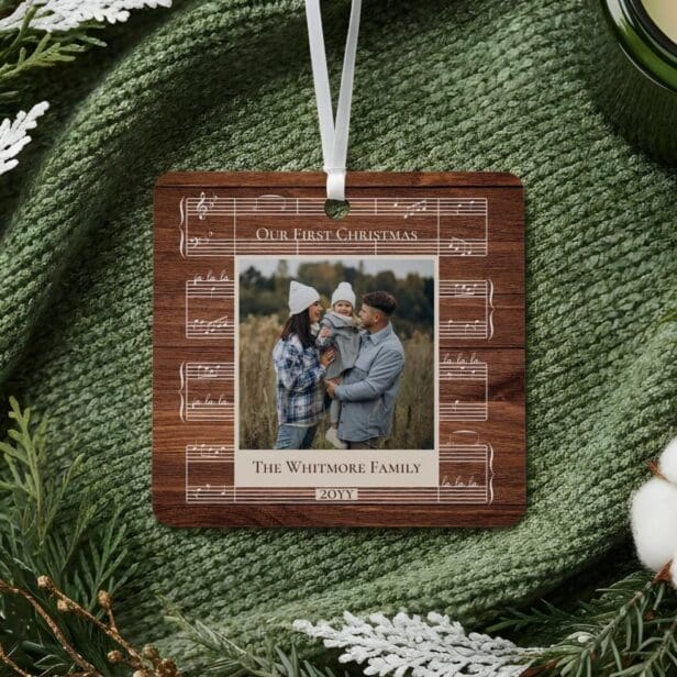 First Christmas FaLa Vintage Sheet Music Woodgrain Metal Ornament