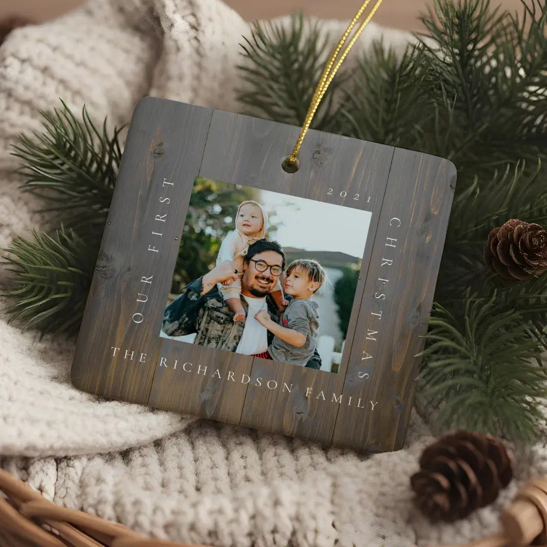 First Christmas In Our New Home 2 Photo Woodgrain Ceramic Ornament