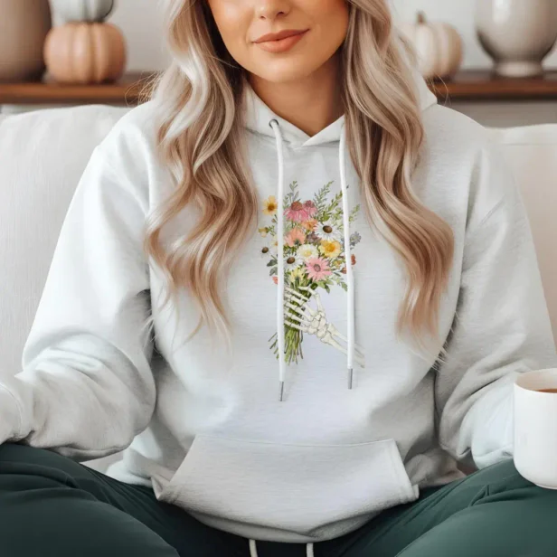 Floral Skeleton Hand Wildflower Bouquet Heart Hoodie