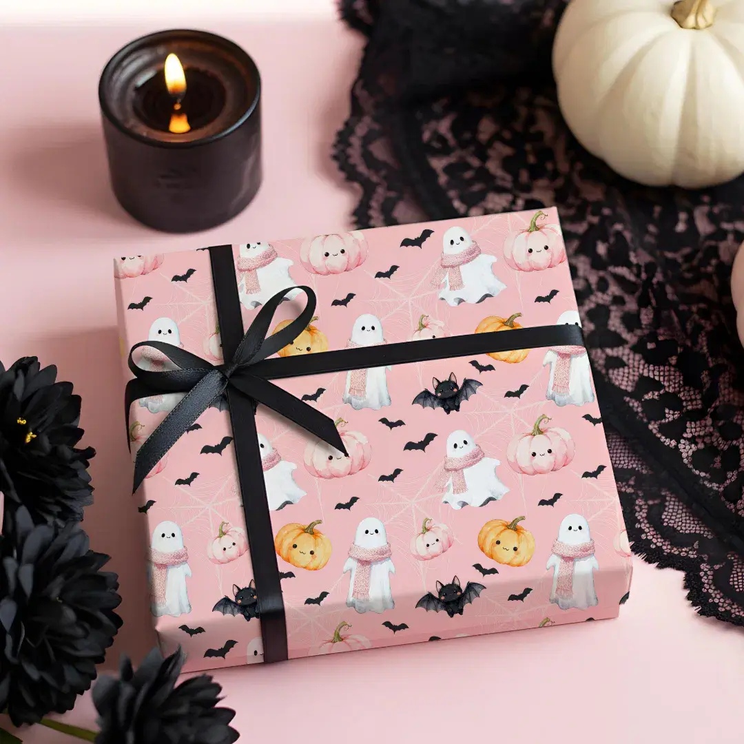 Fun Cute Ghost bat pumpkin & Spider Web Halloween Wrapping Paper