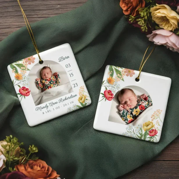 Gauche Floral Wildflower Baby Birth Stat Photo Ceramic Ornament