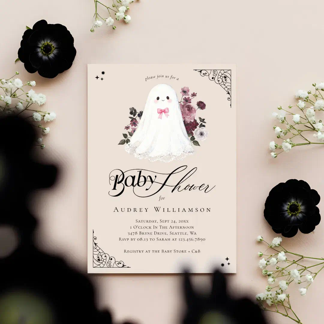 Girl Ghost Little Boo Floral Gothic Baby Shower Invitation