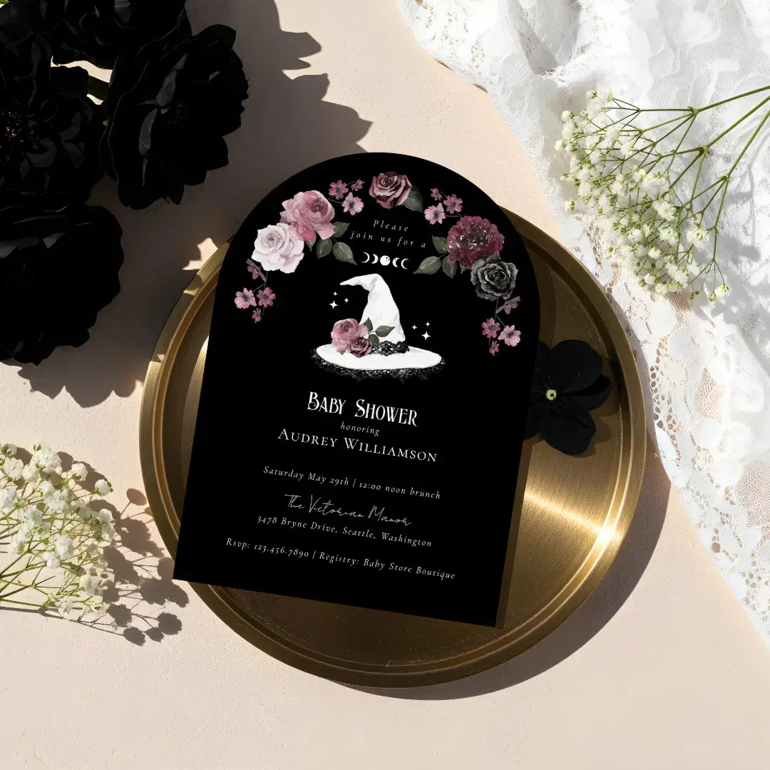 Gothic Halloween White Lace Witch Hat Baby Shower Arch Invitation