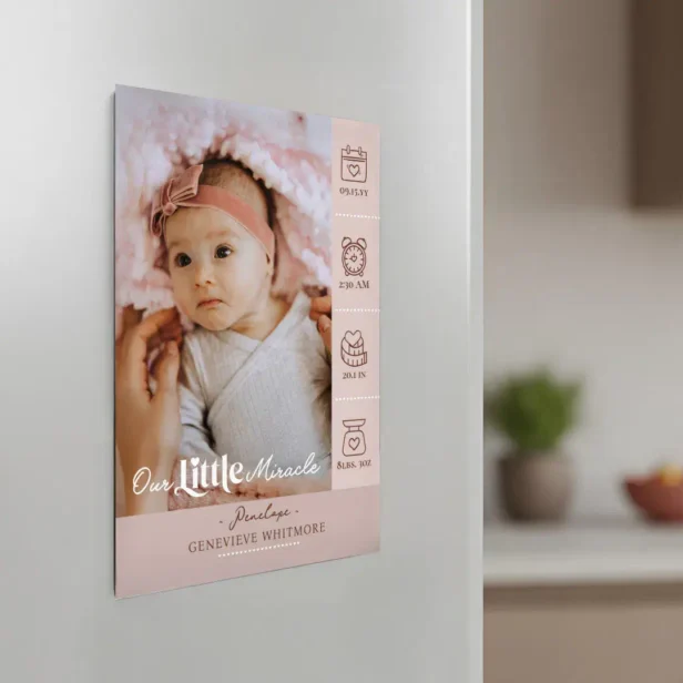 Little Miracle Birth Stats Photo Baby Pink Announcement Magnet
