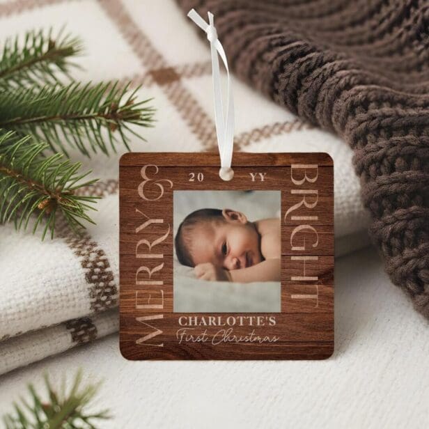 Merry Bright Baby 1st Christmas Photo Woodgrain Metal Ornament
