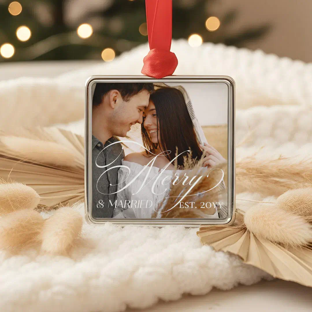 Merry & Married Elegant Script Newlyweds Photo Metal Ornament