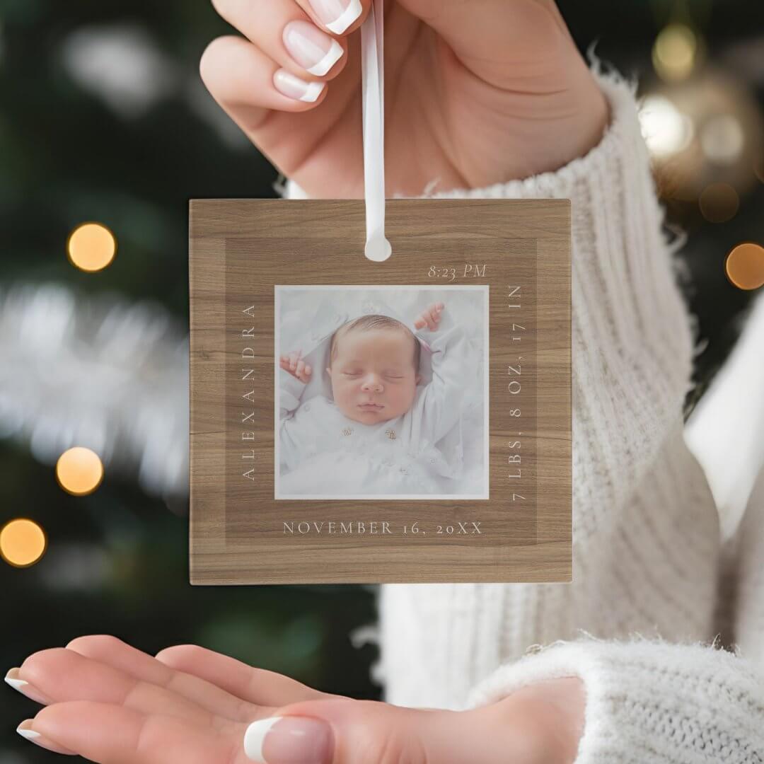 Minimal Baby Name & Birth Stats Photo Woodgrain Glass Ornament