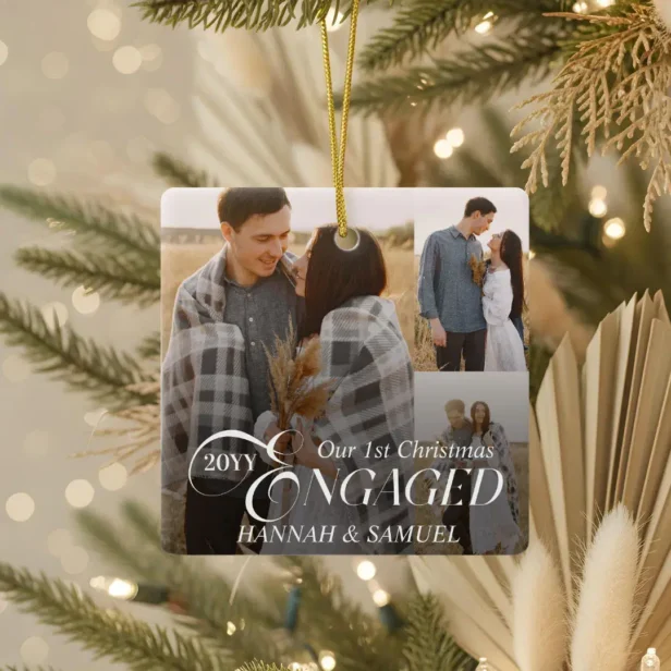 Minimal Elegant Engaged Couples Photo Collage Ceramic Ornament