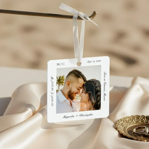 Minimal Elegant Wedding Honeymoon Photo keepsake Metal White Ornament