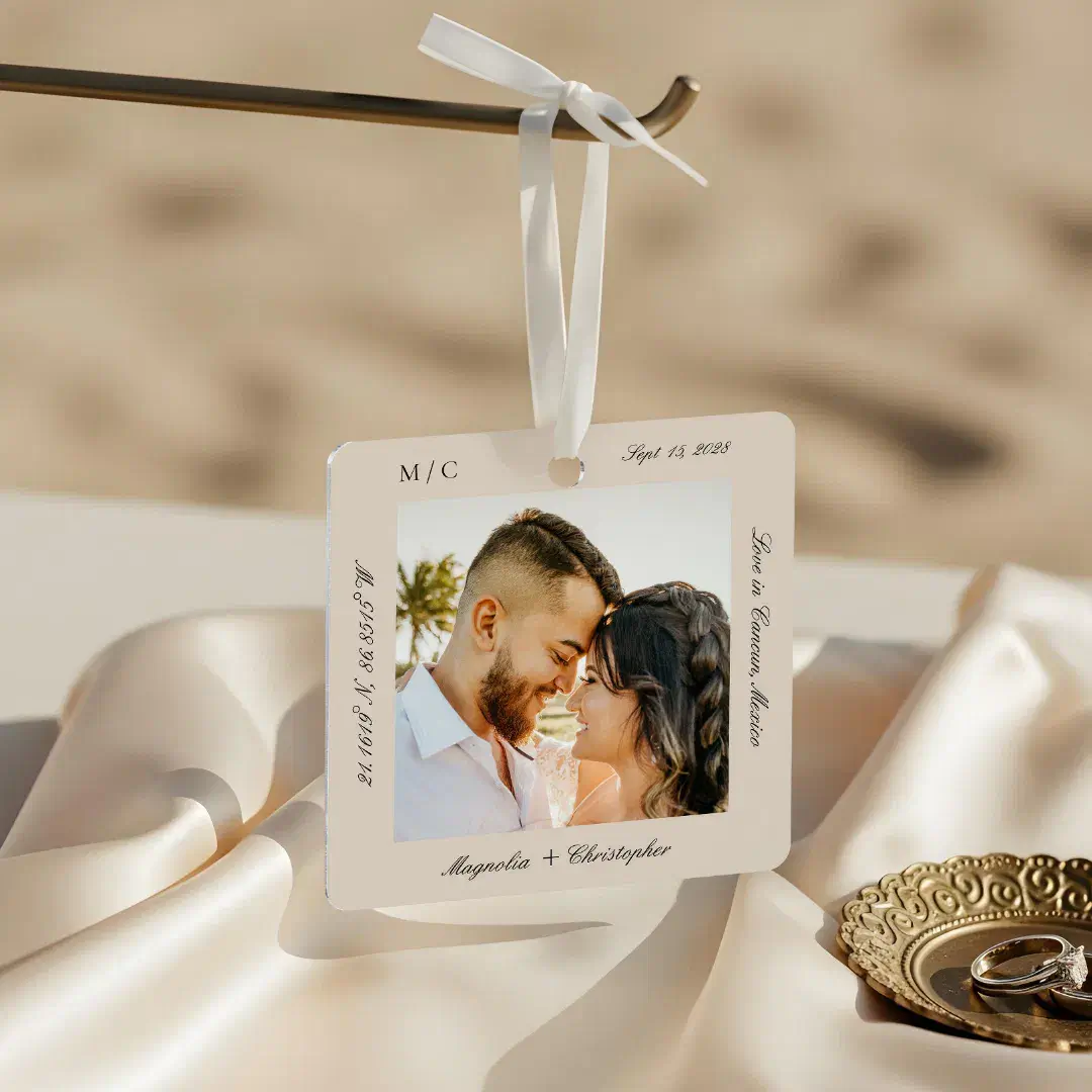 Minimal Elegant Wedding Honeymoon Photo keepsake Metal Beige Ornament