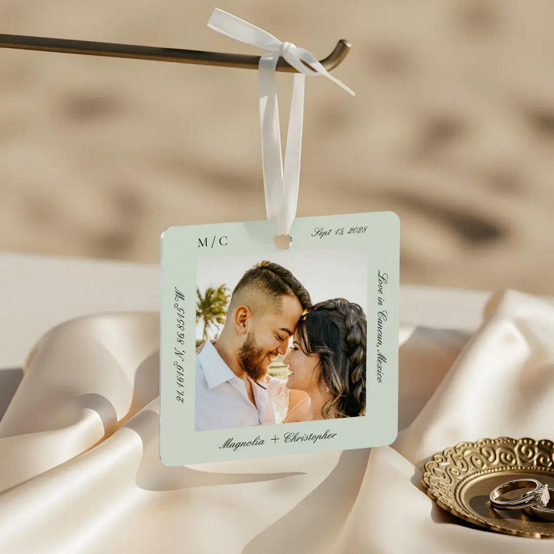 Minimal Elegant Wedding Honeymoon Photo keepsake Metal Ornament