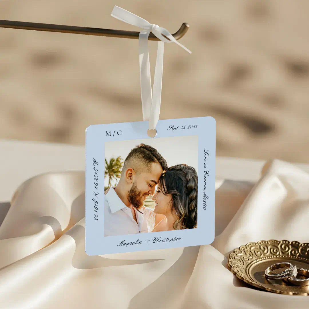 Minimal Elegant Wedding Honeymoon Photo keepsake Metal Blue Ornament