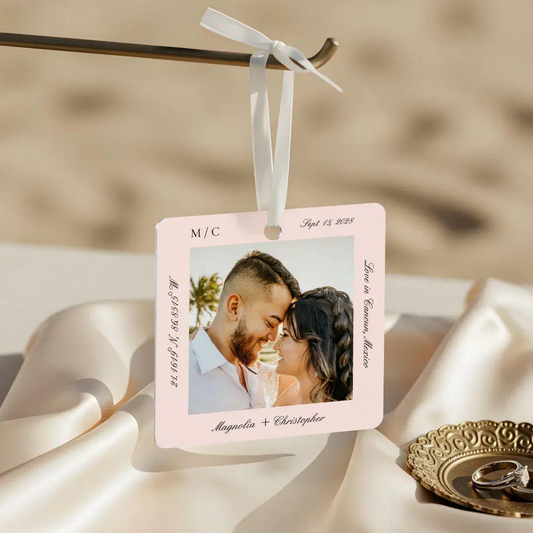 Minimal Elegant Wedding Honeymoon Photo keepsake Metal Pink Ornament