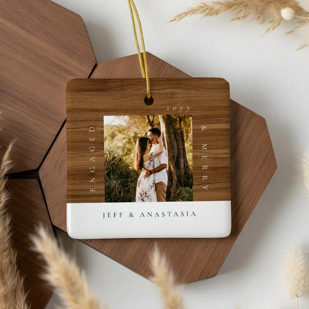 Minimal Modern Engaged & Merry 2 Photo Engagement Ceramic Ornament