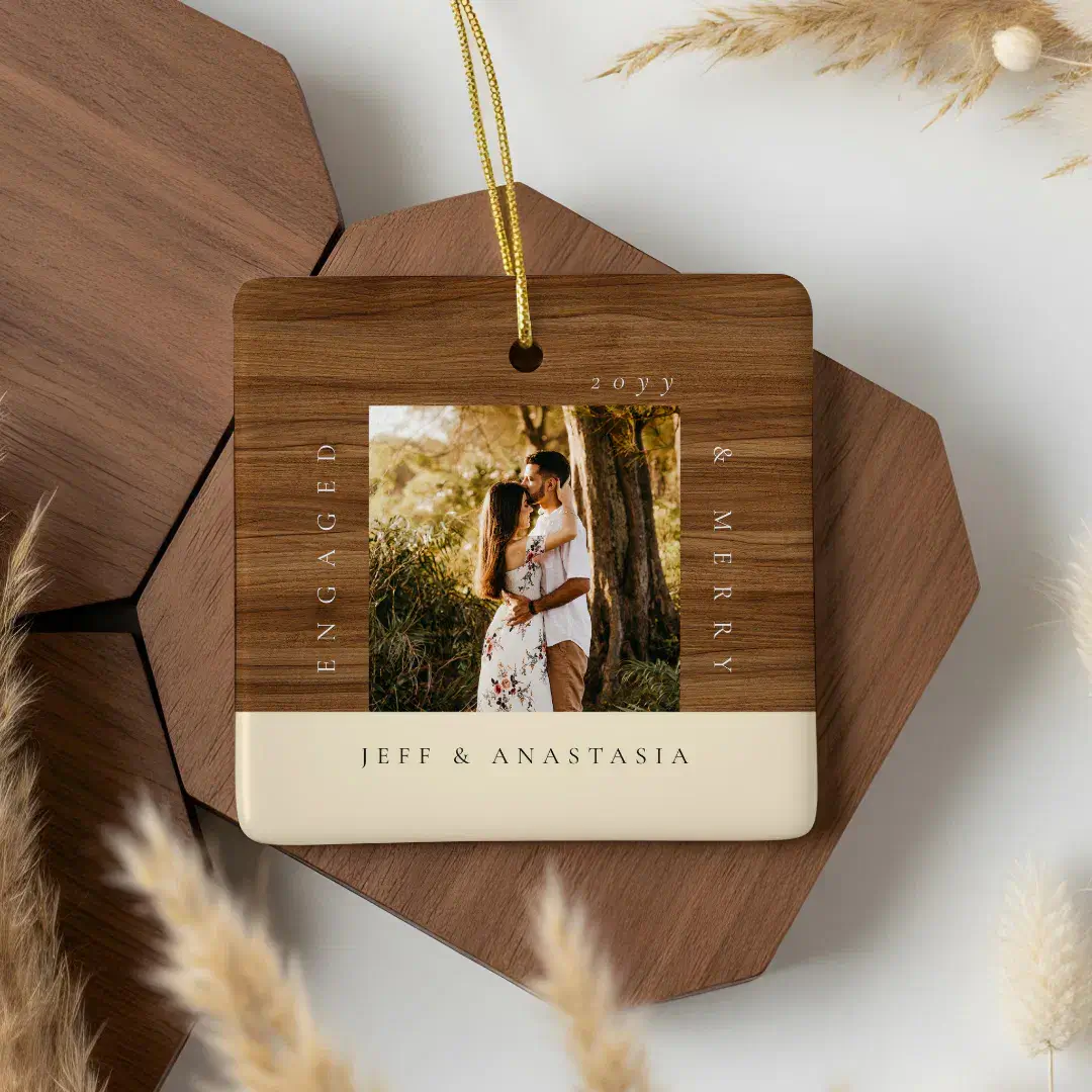 Minimal Modern Engaged & Merry 2 Photo Engagement Cream Ceramic Ornament
