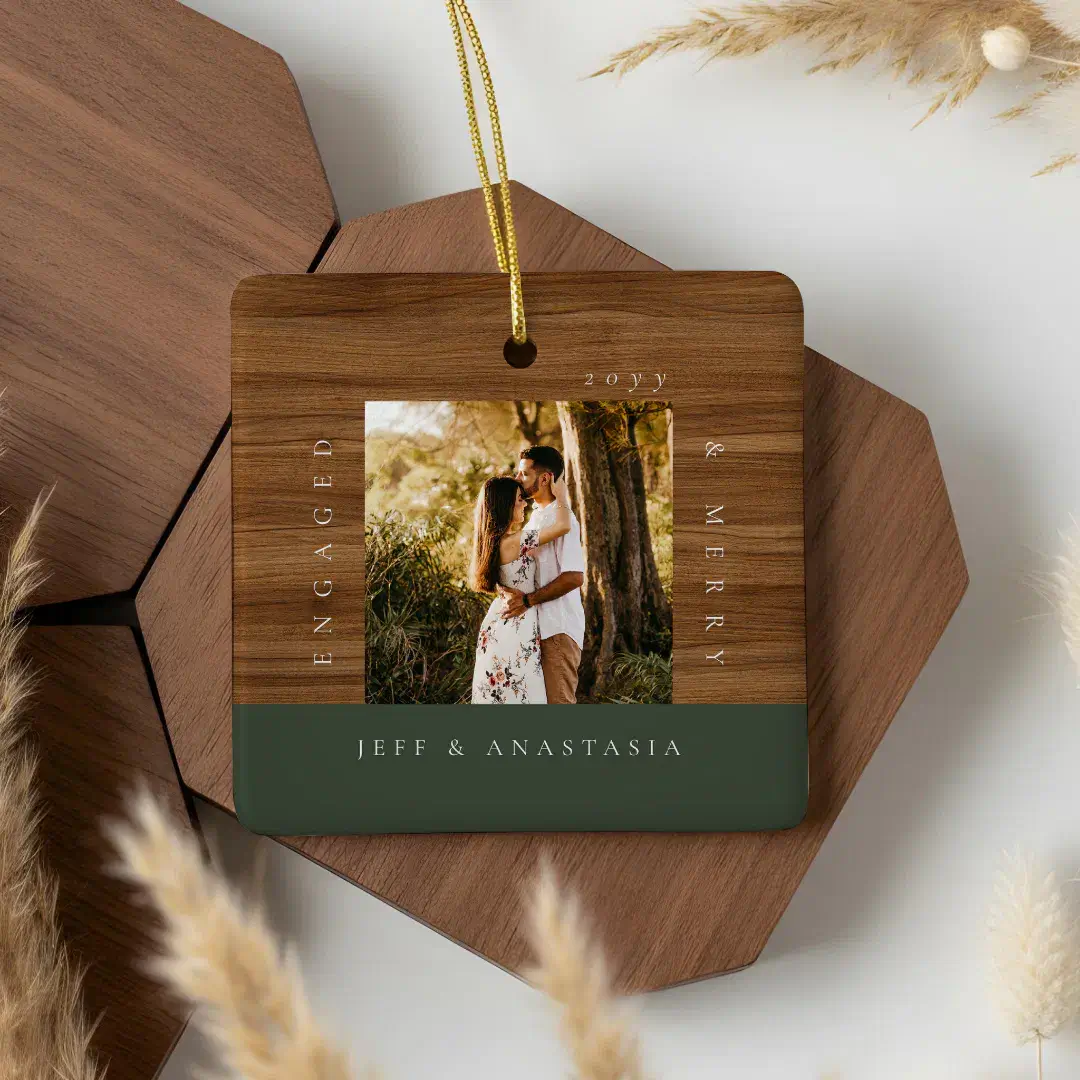 Minimal Modern Engaged & Merry 2 Photo Engagement Dark Green Ceramic Ornament
