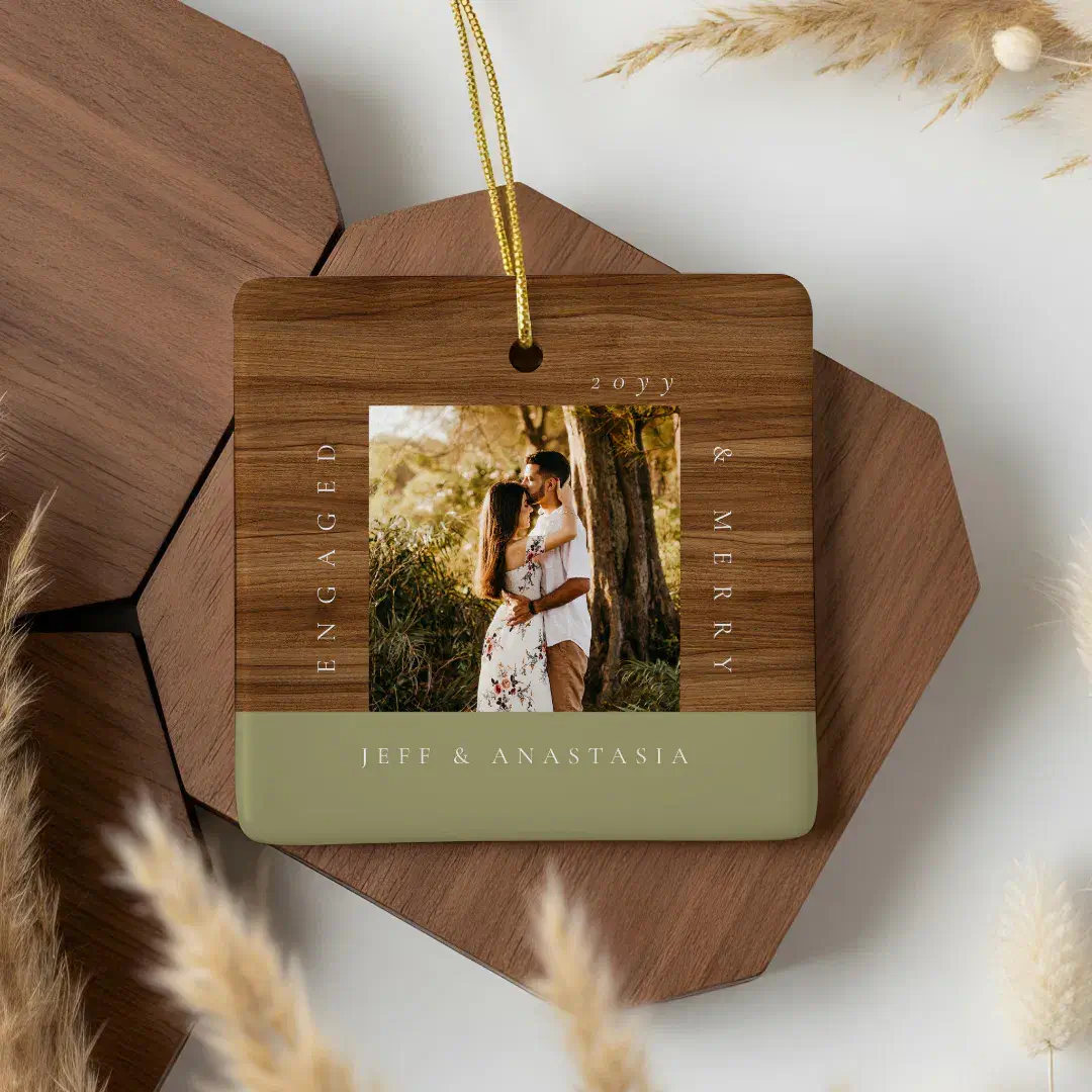 Minimal Modern Engaged & Merry 2 Photo Engagement Olive Green Ceramic Ornament
