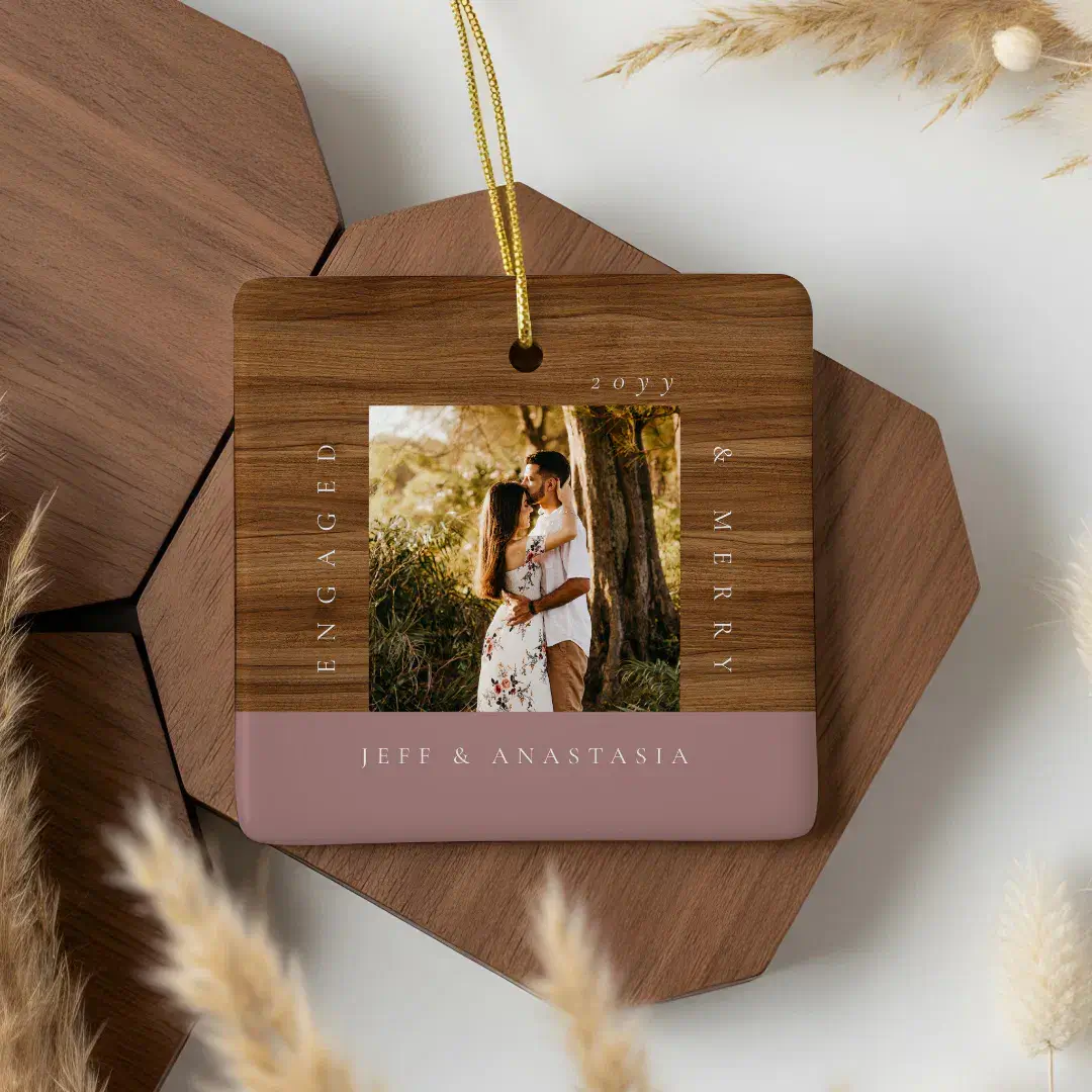 Minimal Modern Engaged & Merry 2 Photo Engagement Mauve Ceramic Ornament