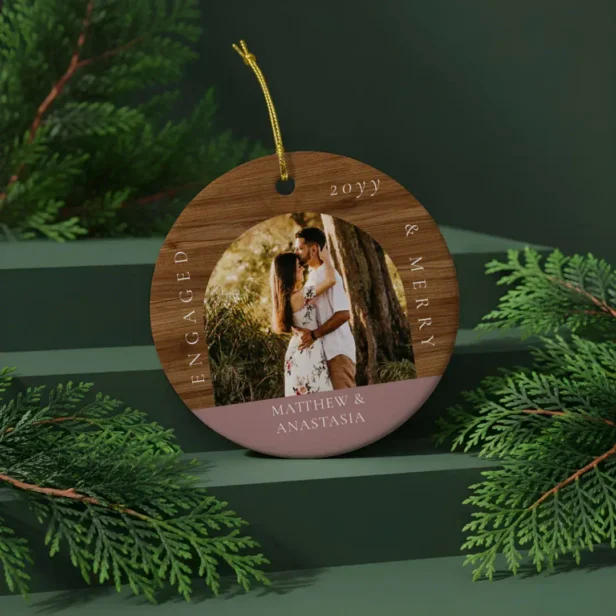 Minimal Modern Engaged & Merry 2 Photo Engagement Mauve Ceramic Ornament