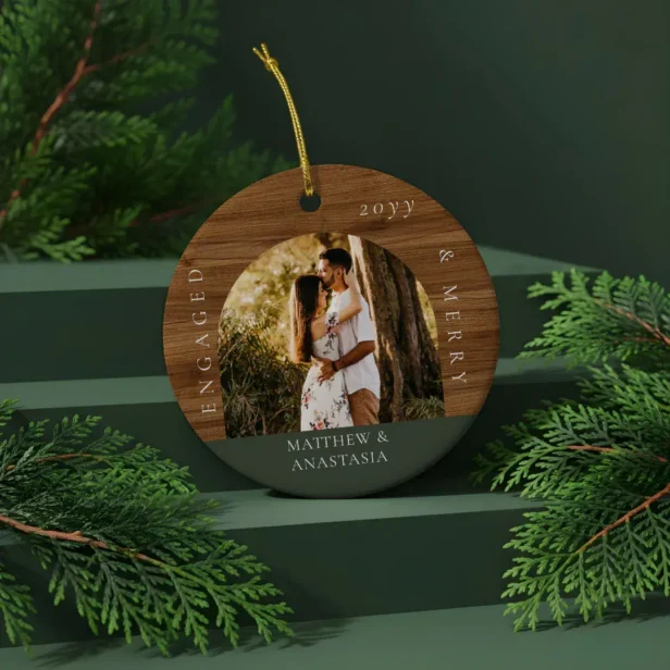 Minimal Modern Engaged & Merry 2 Photo Engagement Forest Green Ceramic Ornament