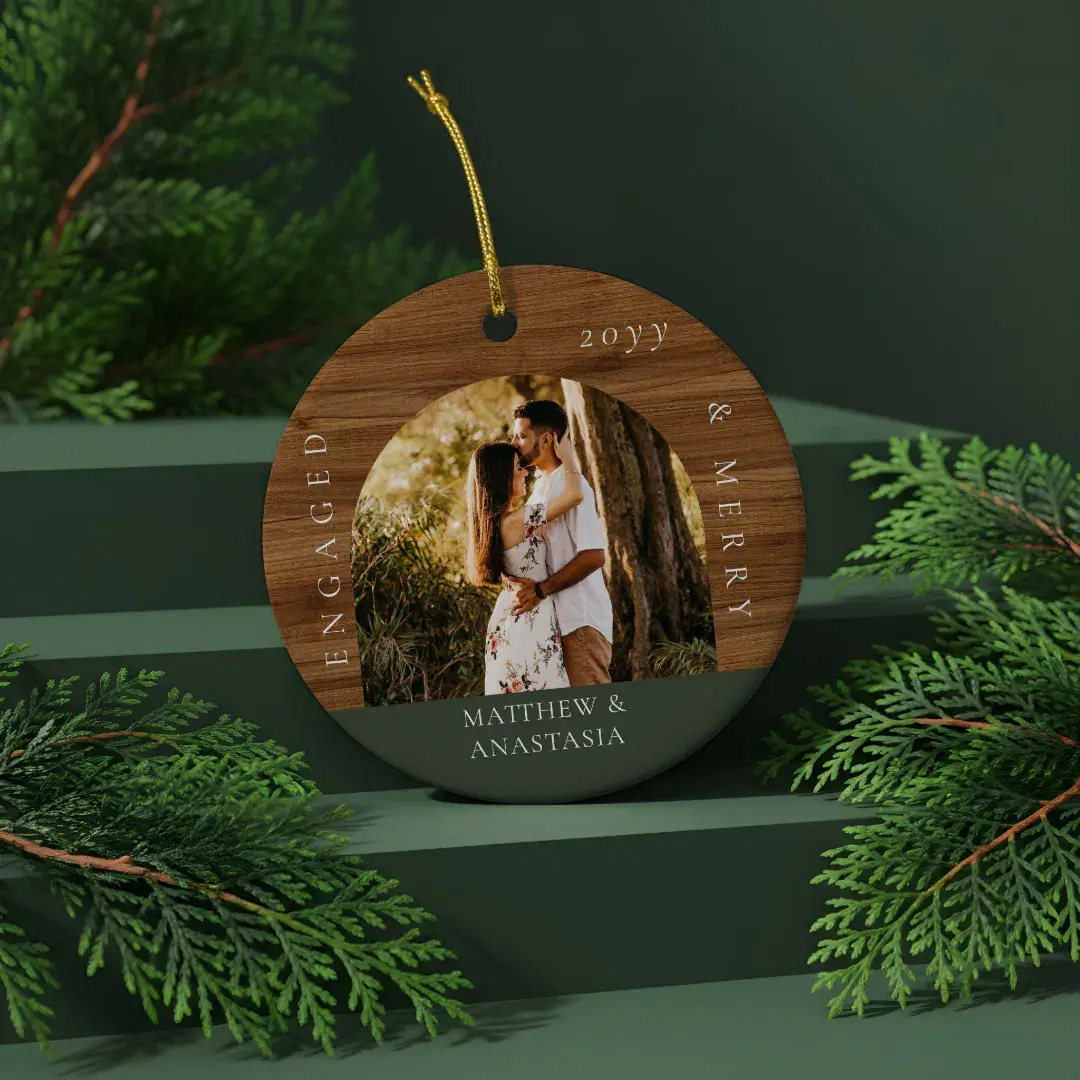 Minimal Modern Engaged & Merry 2 Photo Engagement Forest Green Ceramic Ornament