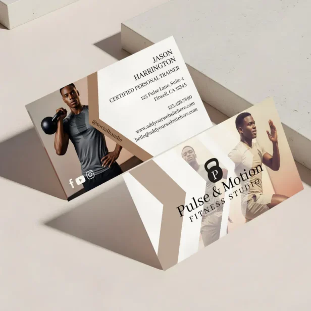 Modern Sporty Fitness Kettlebell Monogram Photos Business Card