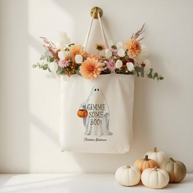 Monogram Cute Halloween Ghost with Pumpkin Pail Tote Bag