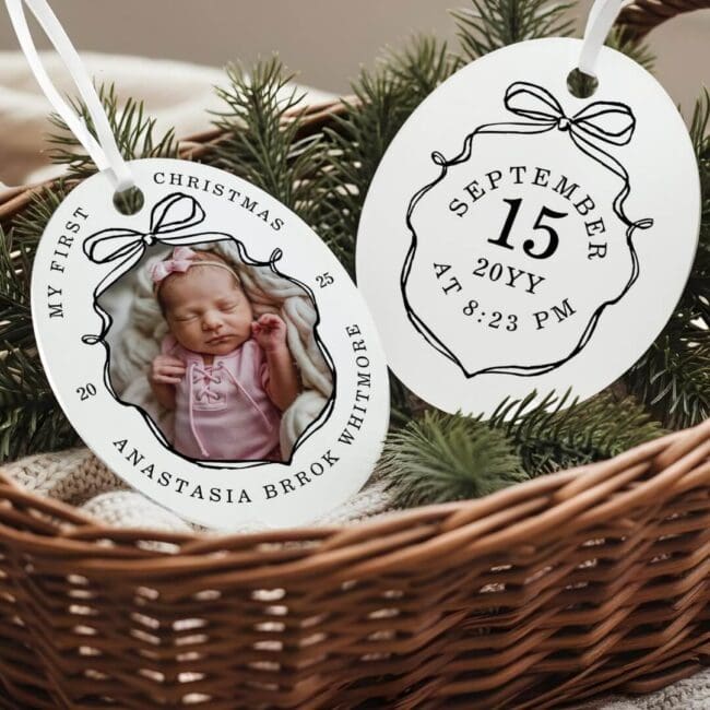My 1st Christmas Scribble Bow Baby Photo Keepsake Metal Oval Ornament