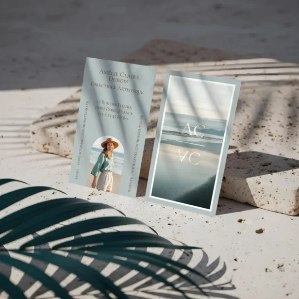 Ocean Shoreline Luxury Monogram Feminine Photo Business Card