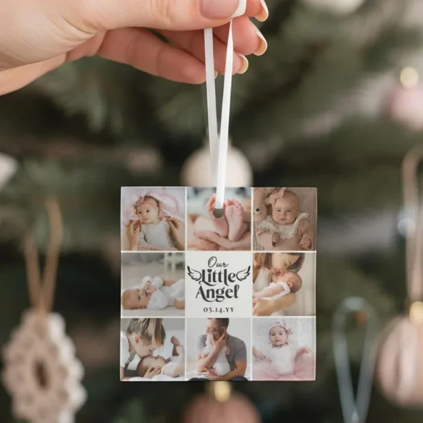Our Little Angel Newborn Baby Photo Grid Collage Glass Ornament