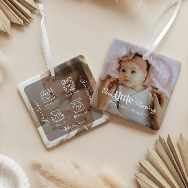 Our Little Blessing Baby Birth Stat Photo Keepsake Ceramic Ornament