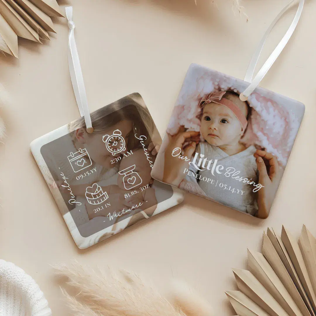 Our Little Blessing Baby Birth Stat Photo Keepsake Ceramic Ornament