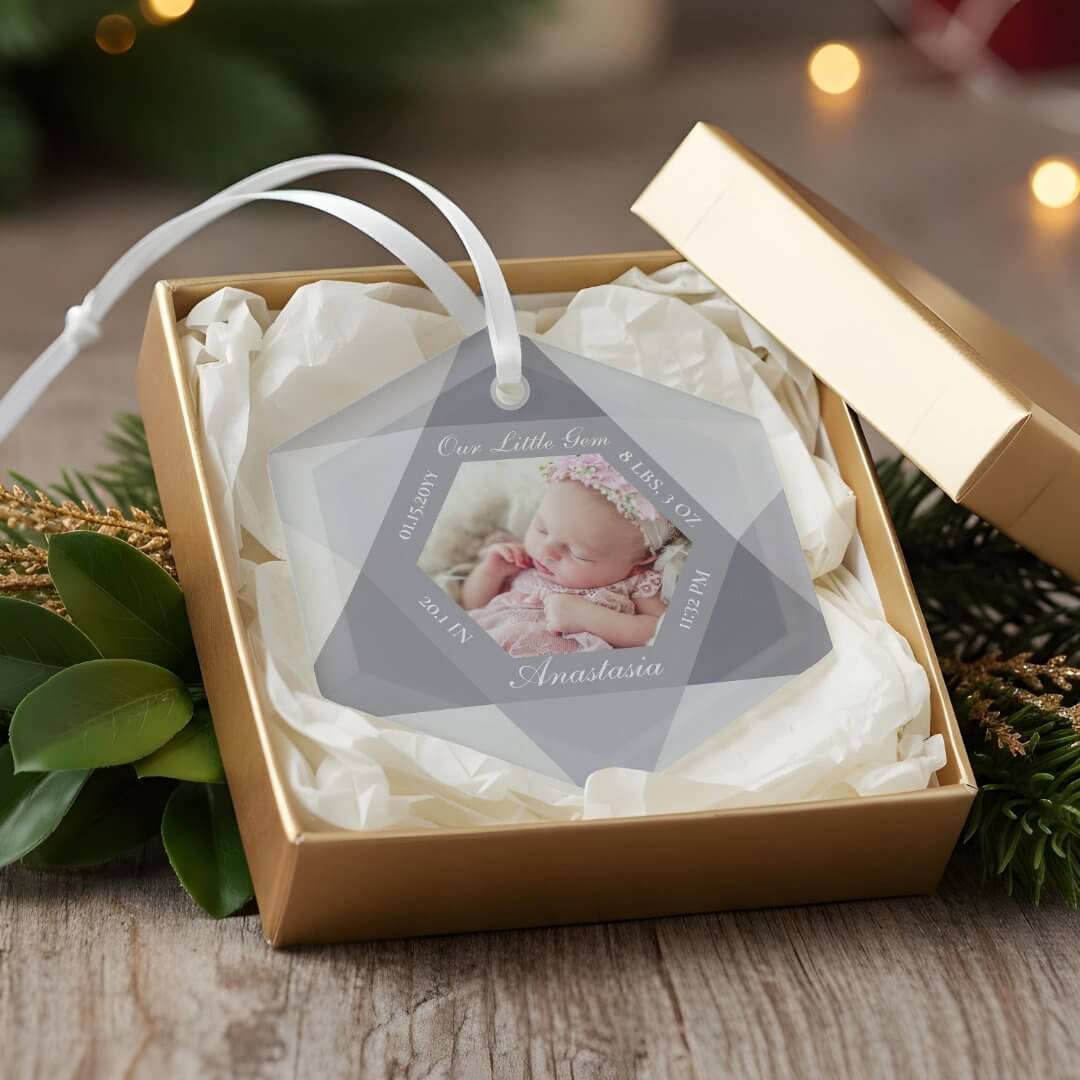Our Little Gem April Birthstone Baby Birth Stats Glass Ornament