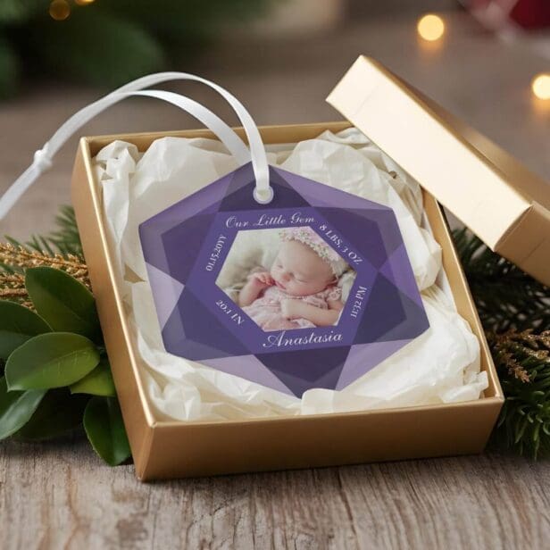 Our Little Gem February Birthstone Baby Birth Stat Glass Ornament