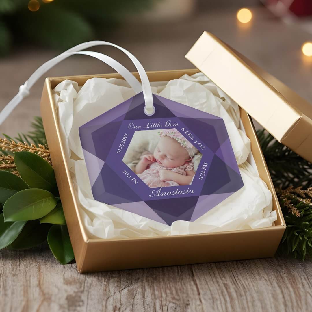 Our Little Gem February Birthstone Baby Birth Stat Glass Ornament