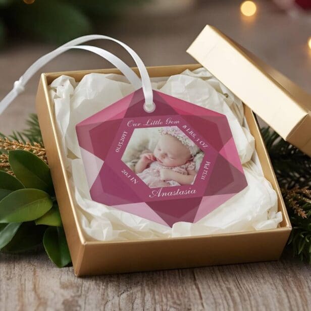 Our Little Gem January Birthstone Baby Birth Stats Glass Ornament