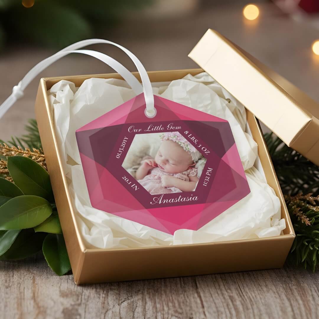 Our Little Gem July Birthstone Baby Birth Stats Glass Ornament