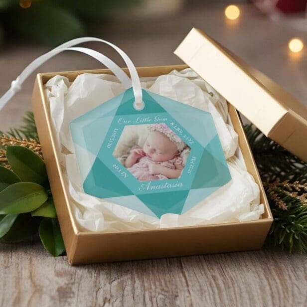 Our Little Gem March Birthstone Baby Birth Stats Glass Ornament