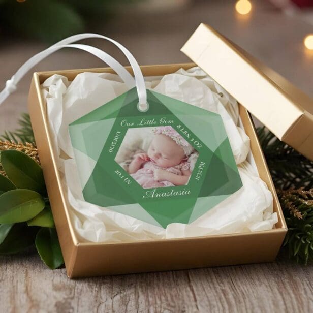 Our Little Gem May Birthstone Baby Birth Stats Glass Ornament