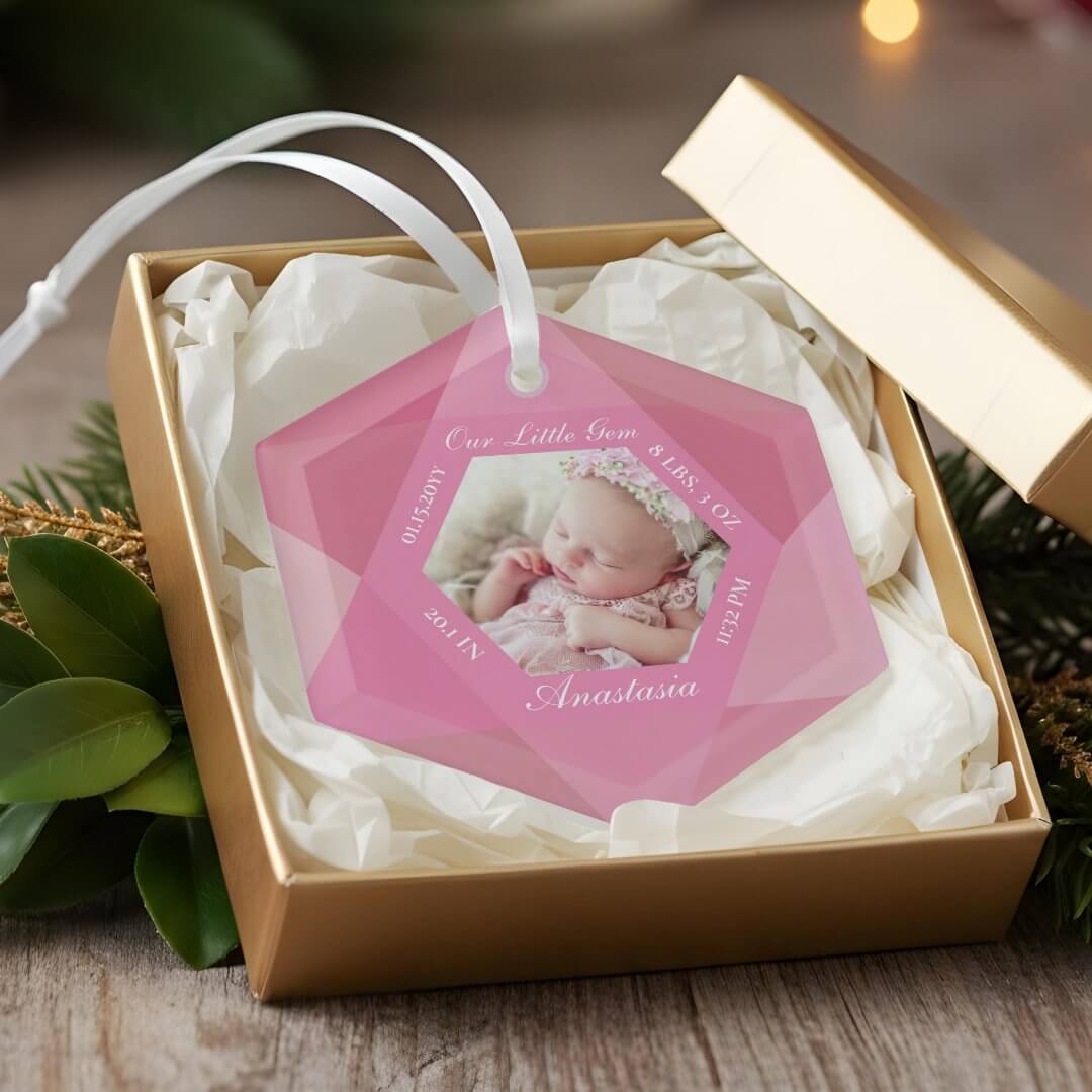 Our Little Gem October Birthstone Baby Birth Stats Glass Ornament