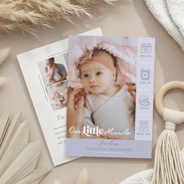 Our Little Miracle Baby Birth Stats Newborn Photos Purple Announcement Card
