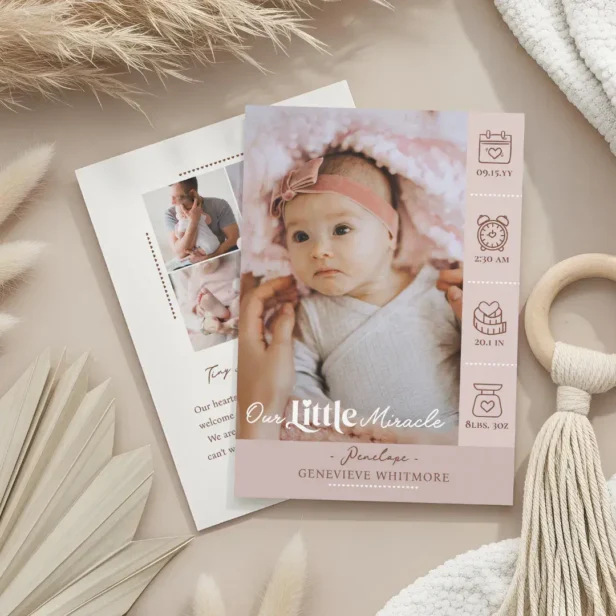 Our Little Miracle Baby Birth Stats Newborn Photos Pink Announcement Card