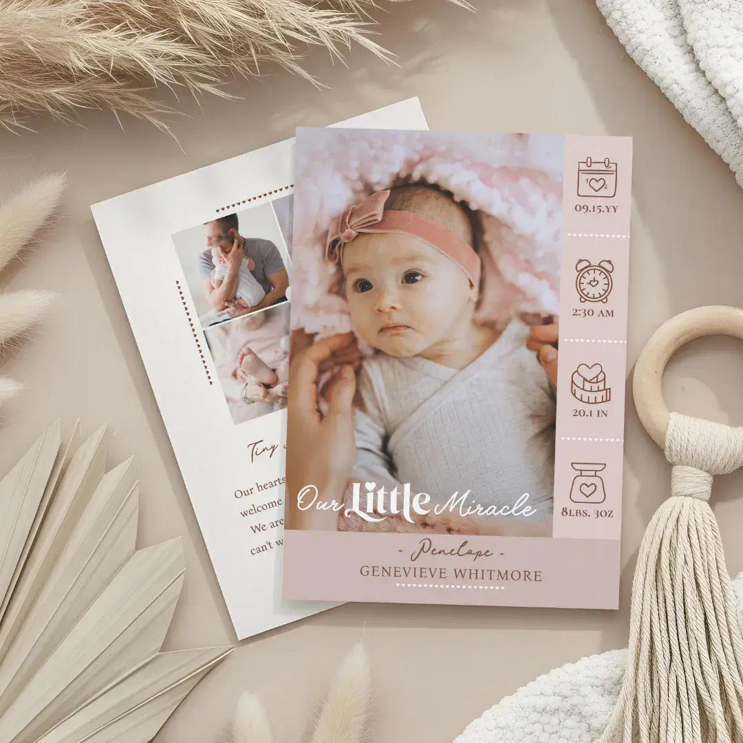 Our Little Miracle Baby Birth Stats Newborn Photos Pink Announcement Card