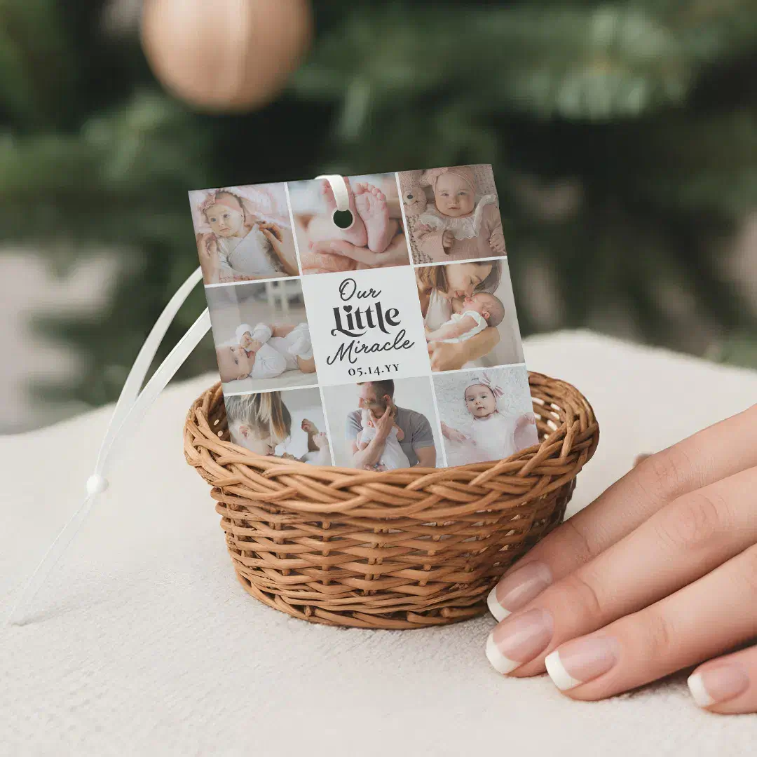 Our Little Miracle Newborn Baby Photo Grid Collage Glass Ornament