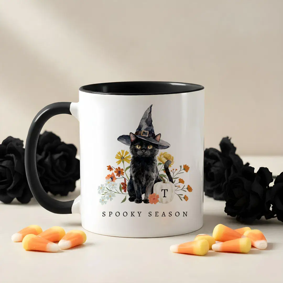 Spooky Season Black Cat Fall Cozy Floral Monogram Mug