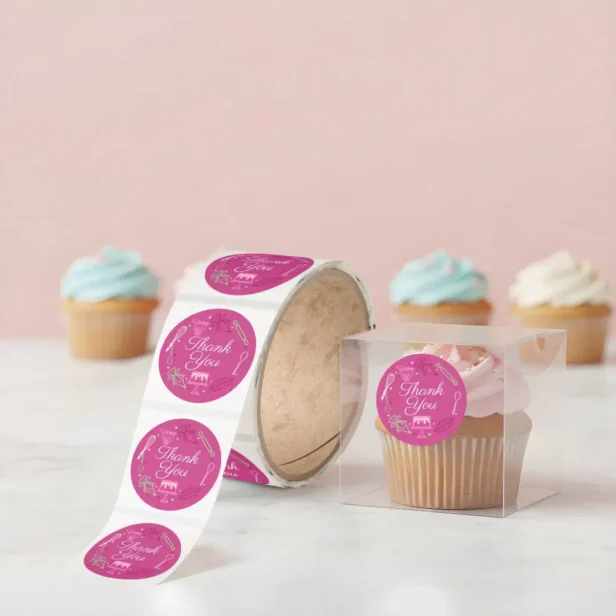 Thank You Baking & Cooking Utensil Pink & Green Classic Round Sticker