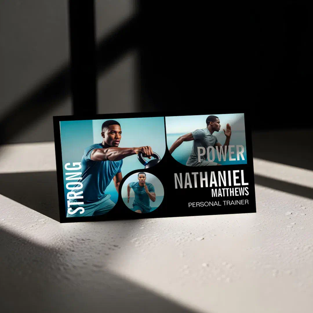 Trendy Wavy Photo Frame Personal Trainer Fitness Black Business Card